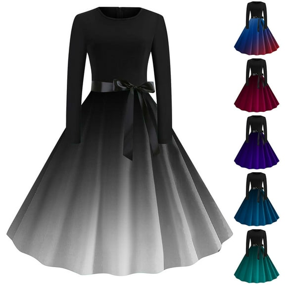 Jacenvly New Prom Dresses for Juniors Women's Printed Lace up Style Retro Zipper Long Sleeved Round Neck Dress Women Cocktail Dresses Black M