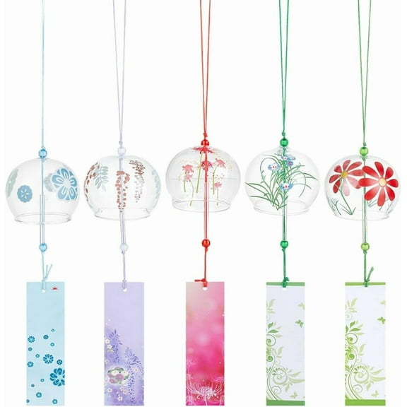 5pcs 5 Styles Japanese Wind Chimes Flower Theme Handcrafted Glass Wind Bells Glass Wind Bells Creative Hanging Pendants