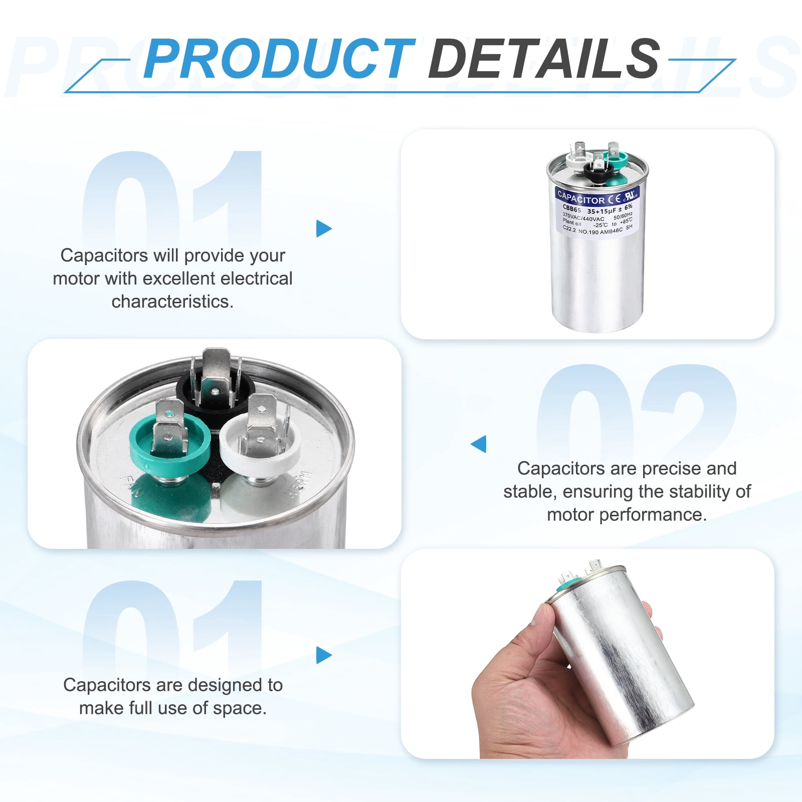 Uxcell 35+15 MFD CBB65 Run Start Capacitor 35+15 uF, 370/440V Round AC Capacitor for AC Motor Run, HVAC, Air Conditioner, Condenser Motors