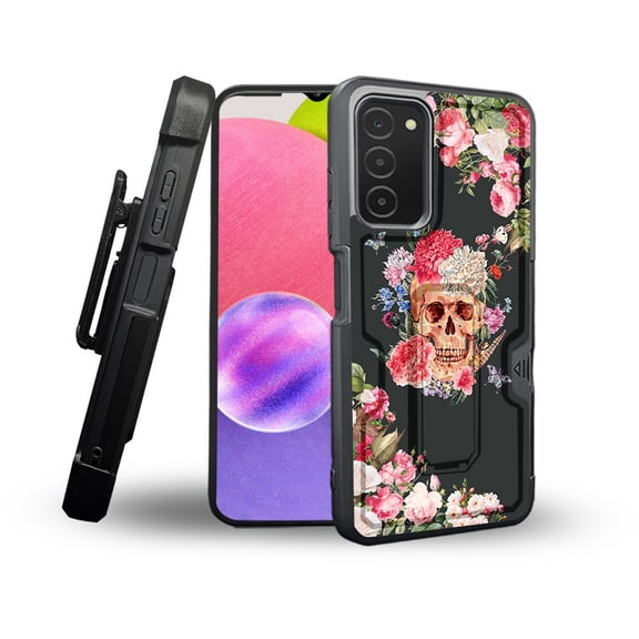 ANJ  Rugged Shockproof Holster Case Card Slot Kickstand   Tempered Glass Cover for Samsung Galaxy A03s - Flower Skull