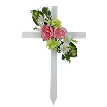 Mainstays 23.5in Outdoor Artificial Floral Wood Cross, Pink Color Peony and Green Color Hydrangea.