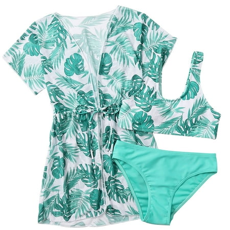 Feijite Girls Tankini Swimsuit 3 Piece Tropical Print Bikini Set with Drawstring Quick Dry Swimwear Cover Up
