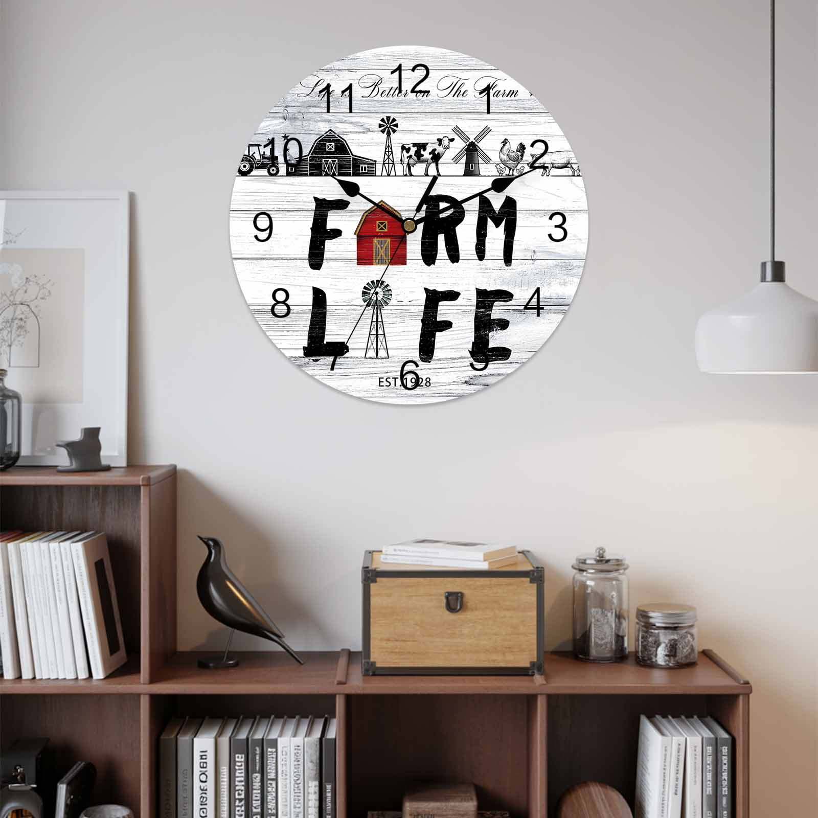 Wall Clock Farm Life Clocks PVC Silent Non-Ticking Battery Operated Decorative Farmhouse Barn Windmill Cow Chicken Tractor Wood Round Clock for Home Living Room Kitchen Bedroom Wall Decor 10 Inch