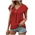 thumbnail image 2 of ClodeEU Women's V-Neck Short Sleeve Solid Color Summer T-Shirt with Button Red,Womens Plus L, 2 of 6