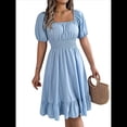 thumbnail image 2 of Vestido Corto Bohemio de Verano para Mujer, con Escote Cuadrado, Mangas Abullonadas, Hombros Descubiertos, Fruncido, Informal, de Corte A, con . Azul L, 2 of 10