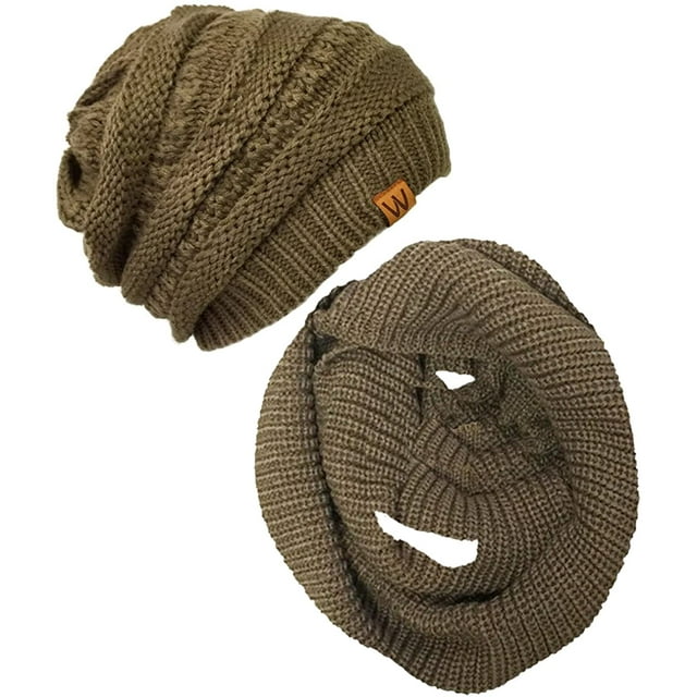 Winter Warm Knitted Infinity Scarf and Beanie Hat Set