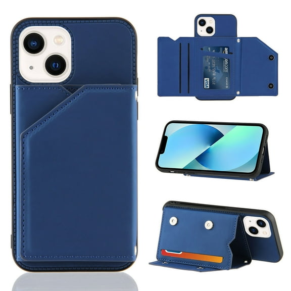 Mantto Cases for iPhone 13 mini - 5.4 inch Wallet Case with Card Holder, PU Leather ID Credit Card Slots Double Magnetic Clasp Kickstand Shockproof Back Flip Slim Phone Cover, Blue