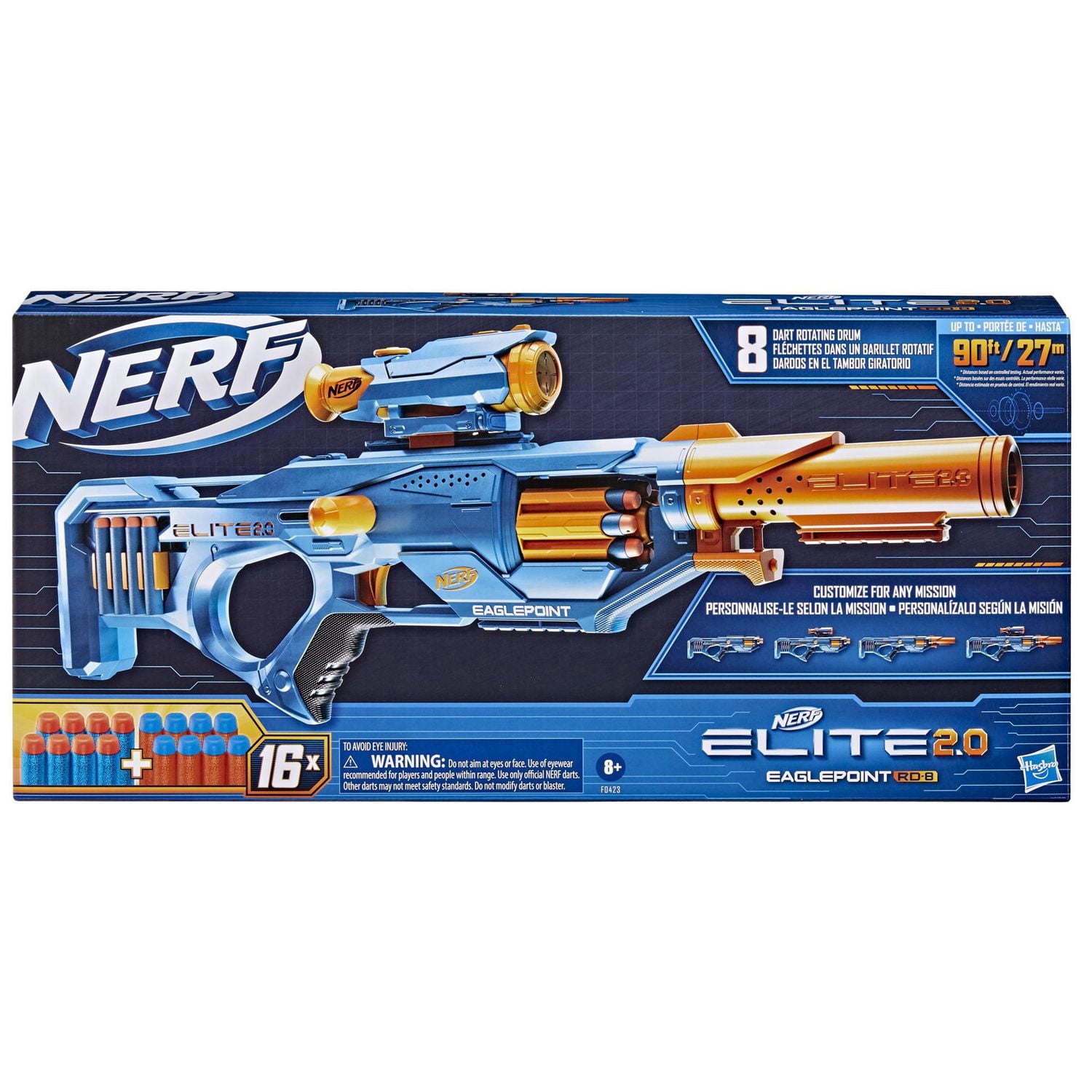 Nerf Elite 2.0, blaster à fléchettes Eaglepoint RD-8, barillet 8 fléchettes, viseur et canon Nerf, 16 fléchettes Elite, jouets d'extérieur