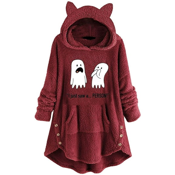 Fesfesfes Long Hoodie Dress Women Flannel Shirt Cute Cat Pattern Winter Fleece Tunic Fleece Tops For Teen Girls
