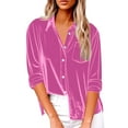 thumbnail image 3 of Kixjoy Velvet Shirts for Women Long Sleeve Elegant Button Down Tops Collared Casual Soild Blouses Holiday Dressy Fall Blouses for Women, Hot Pink 2XL, 3 of 8