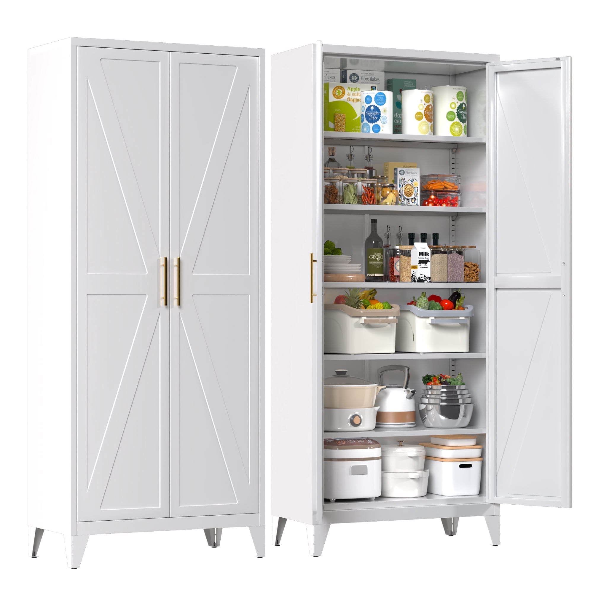 HUAXRON 75.3 Inches Tall Modern Metal Storage Cabinet Freestanding with 5 Adjustable Shelves for Office,Home,Garage,School,Warehouse, White，Assembly Required