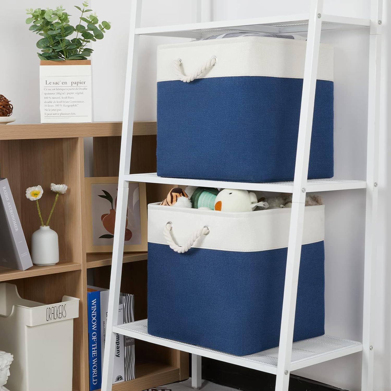 Storage Baskets for Shelves 13x13 Baskets for Gifts Empty, 4 Pack Shelf Baskets Large Storage Baskets Cube Storage Bins Fabric Storage Cubes with Handles for Shelves (White&Blue)