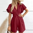 thumbnail image 6 of ZHYou Short Sleeve Jumpsuits for Women Cotton Flowy Loose V Neck Lightweight Casual Summer Short Rompers,Wine,Size XL, 6 of 6