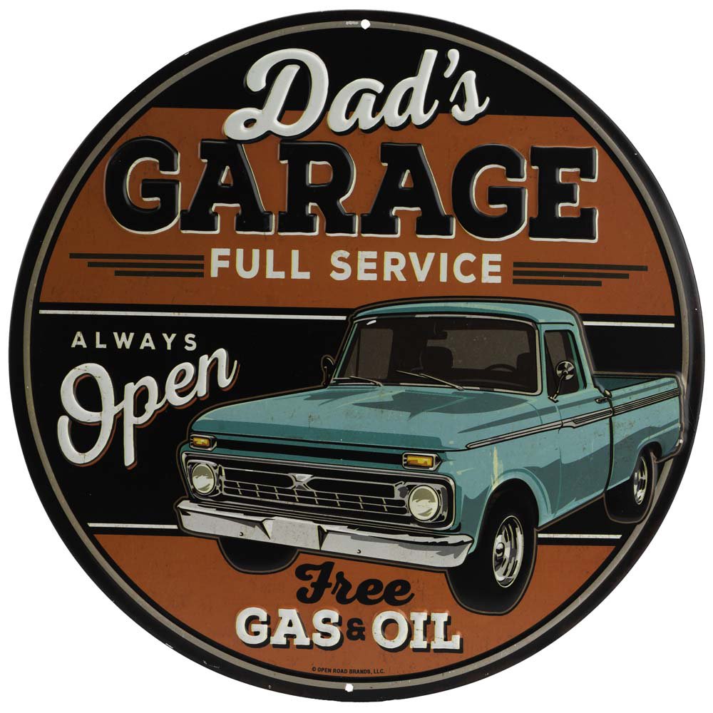 Dad's Garage Round Embossed Metal Sign