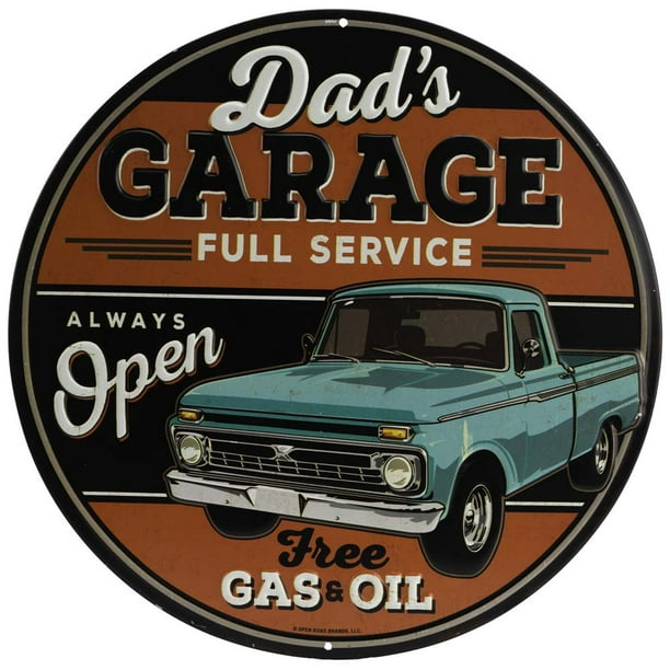 Dad's Garage Round Embossed Metal Sign