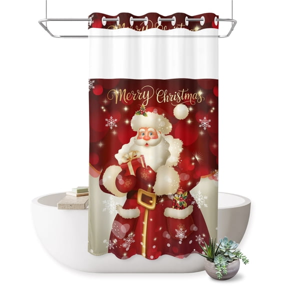 No Hook Shower Curtain, Merry Christmas Shower Curtains for Bathroom with See Through Top Window, Winter Santa Claus Xmas Snowflakes Waterproof & Washable Bath Curtain Stand Up Stall 36"x72"