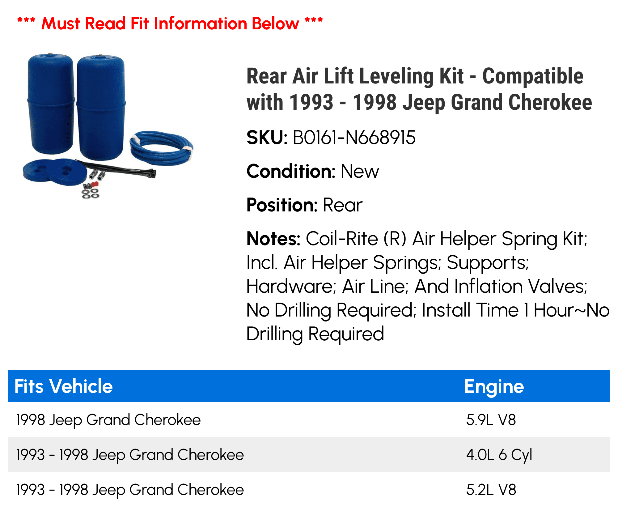 Rear Air Lift Leveling Kit - Compatible with 1993 - 1998 Jeep Grand Cherokee 1994 1995 1996 1997