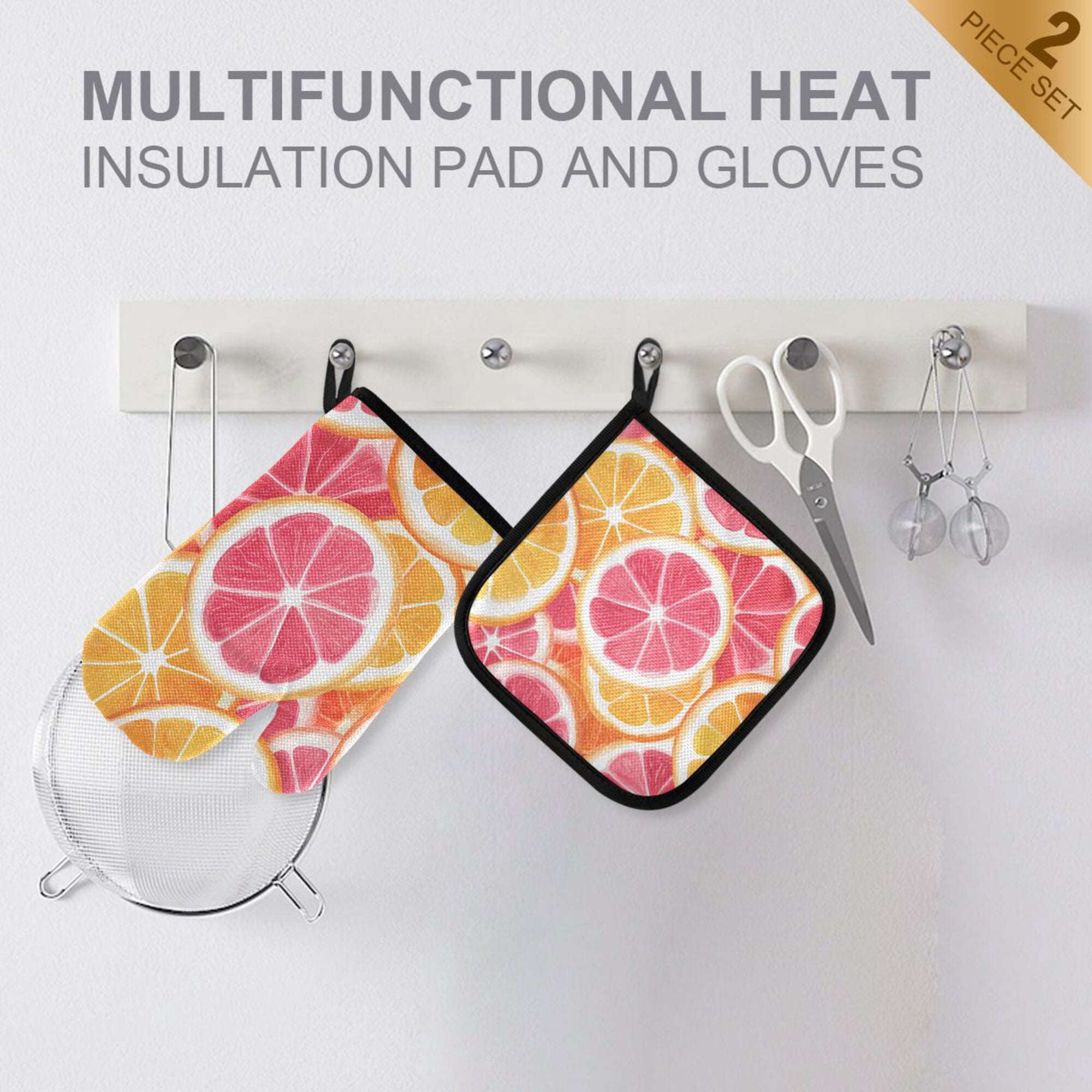 Yayeee Oven Mitts and Pot Holder Set of 4 Heat Resistant Kitchen Gloves Baking Hot Pad, Pink Grapefruit Slices