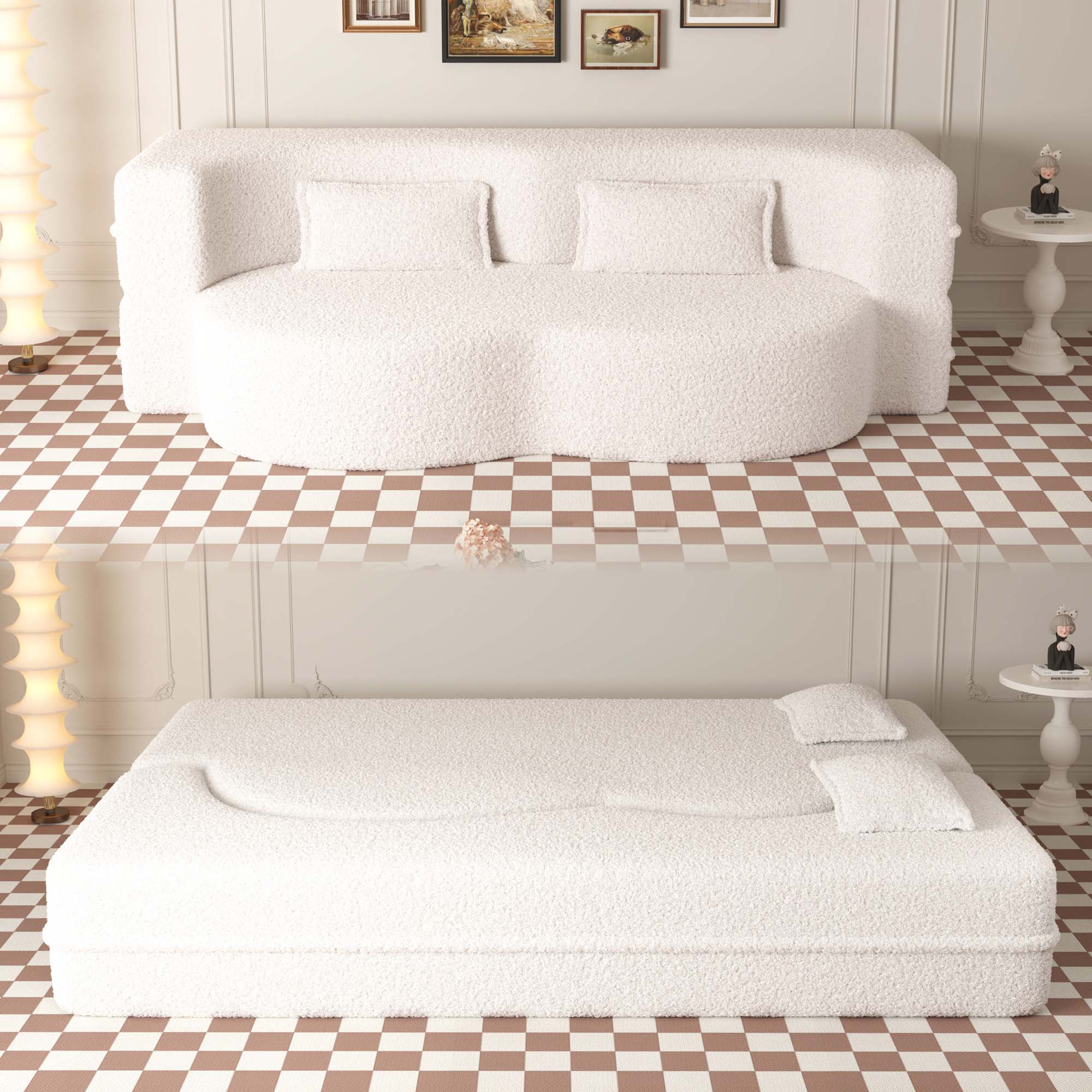Miniyam Floor Sofa with 2 Pillows, Convertible Teddy Fabric Foam-Filled Sleeper Sofa Bed, Beige
