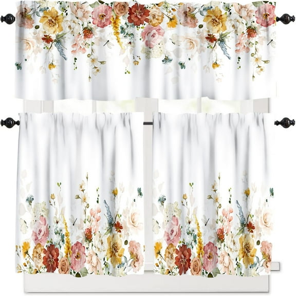 Eucalyptus Leaf Floral Kitchen Curtain Set, Plant Watercolor Wildflower Spring Botanical Farmhouse Window Valances and Tier Set for Home Living Room Café Décor 54''x18'' & 27''x24''x2, 3 Panels