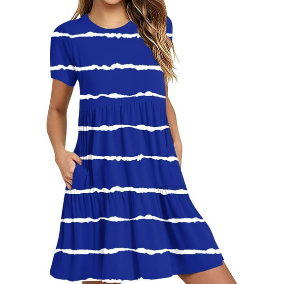 Clearance! Erwazi Summer Casual Dresses for Women Swing Short Sleeve T Shirt Dresses Tiered Flowy Beach Mini Dress with Pockets