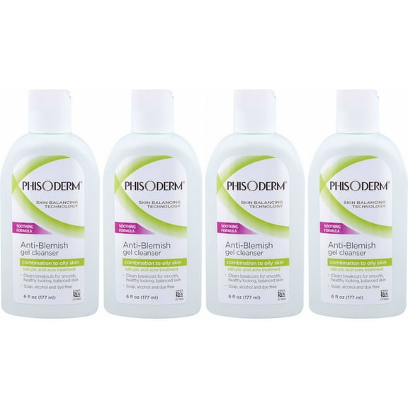 4 Pack Phisoderm Anti-Blemish Gel Cleanser Soothing Formula 6 oz Ea by Phisoderm