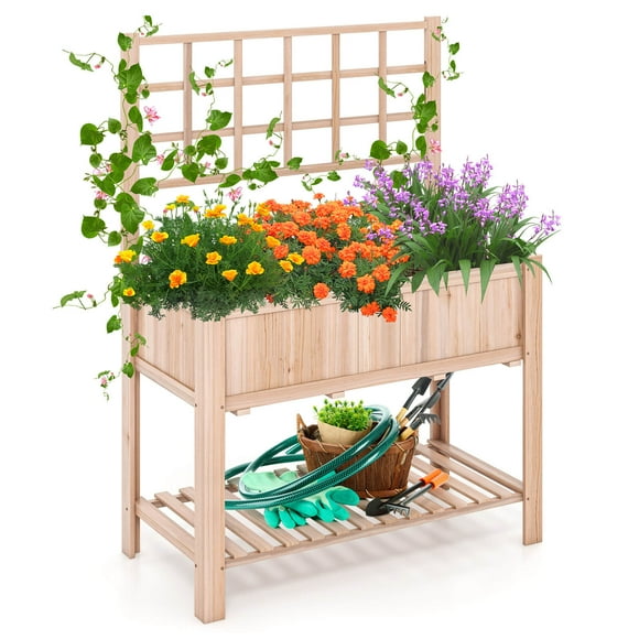 Costway Raised Garden Bed Elevated Wooden Planter Box w/ Trellis & Open Storage Shelf