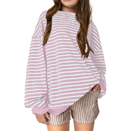 

CHAOLEI Kids Girls Pullover Striped Color Block Crew Neck Long Sleeve Shirt Casual Loose Sweatshirt Classic Sweater Tops -Pink 7-8 Years