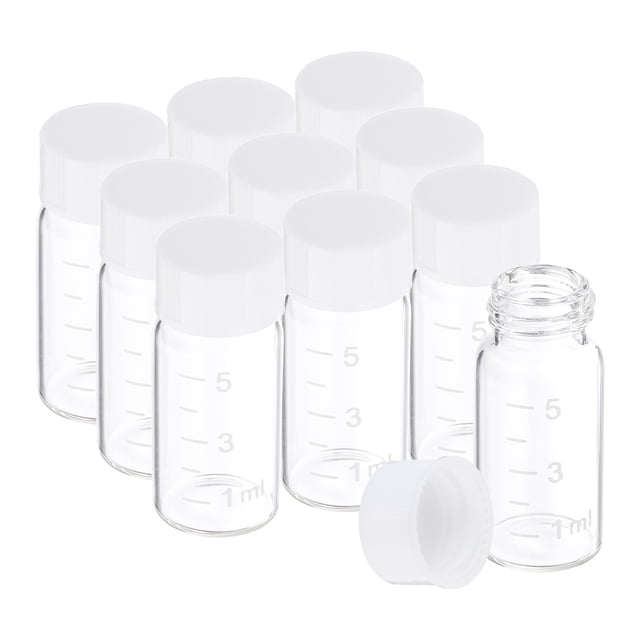 Uxcell 10 piezas de viales de vidrio claros de 5 ml con tapa de rosca blanca, botellas de muestra graduadas de vidrio borosilicato