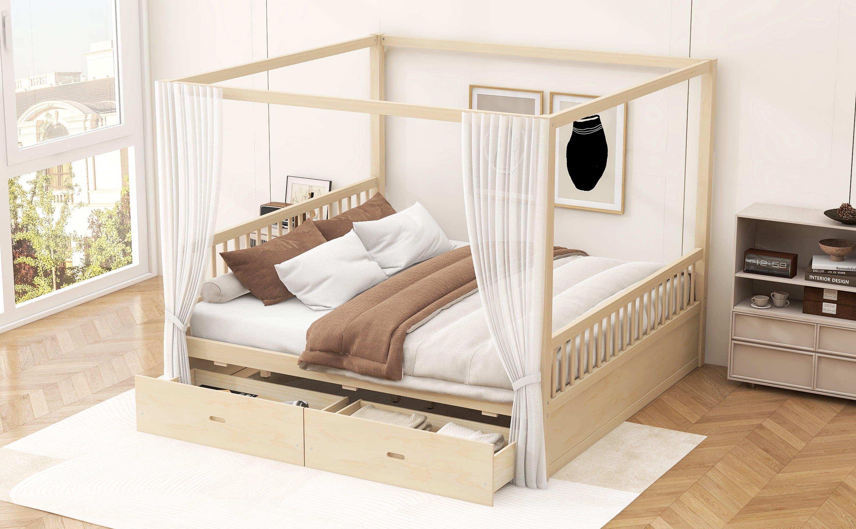 Mintazer King Size Canopy Bed with 2 Storage Drawers, Platform Bed Frame with Slatted Guardrails, No Box Spring Needed, Natural