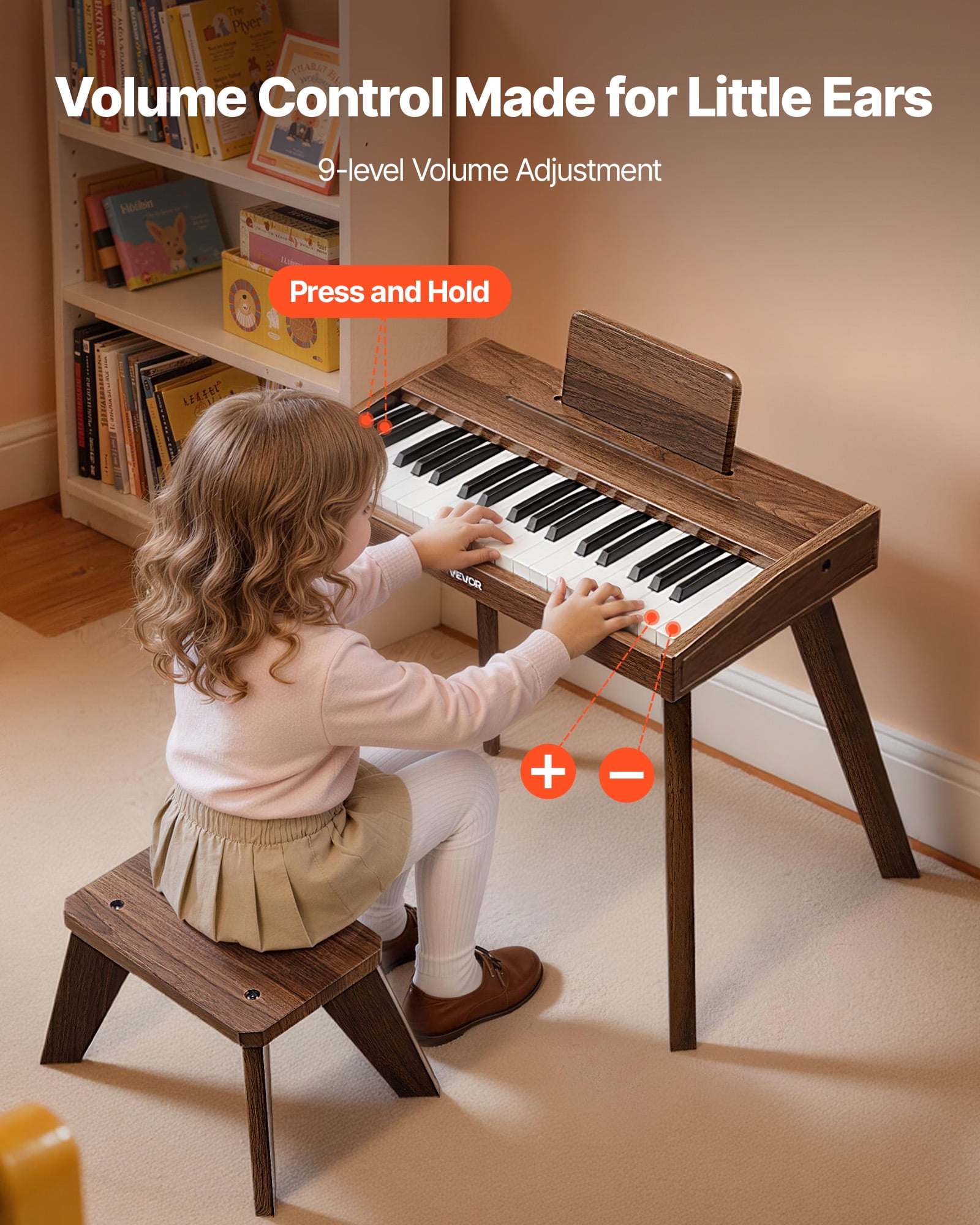 VEVOR Kids Piano Keyboard, 37 Key Wooden Digital Piano for Kids, Mini Music Educational Instrument Toy Set with Realistic Sound, Dual Power, Adjustable Volume for Toddlers, Boys Girls Learning,Walnut