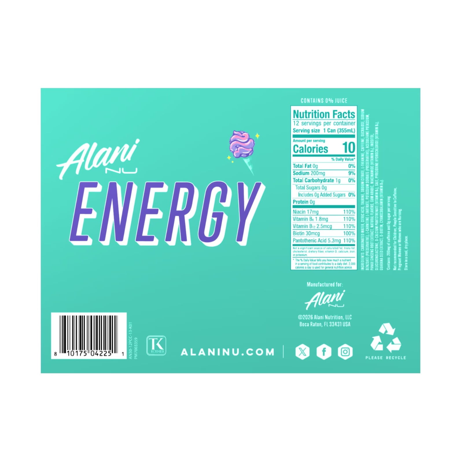 Alani Nu Energy Drink, Purple Cotton Candy, 12 fl. oz 12 pk.