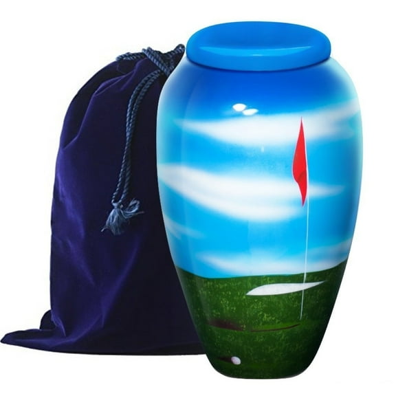 Hand Painted Cremation Urn - Adult Cremation Urn - Handcrafted Funeral Urn for Ashes - Metal Cremation Urn - Great Deal Free Bag (Golf)