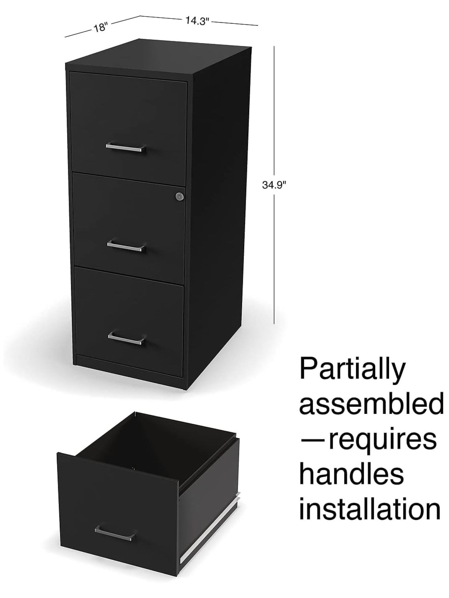 3-Drawer Filing Cabinet, Letter Size, Lockable - Black Office File Cabinet