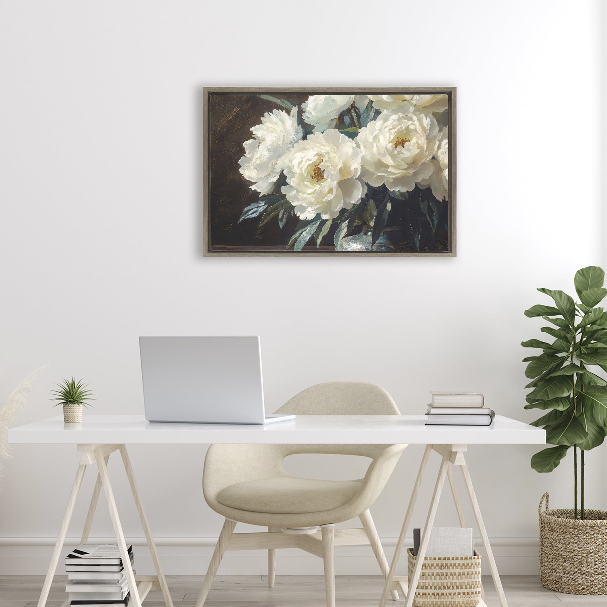 Stupell Industries Large Moody White Floral Brown Framed Floater Canvas Wall Art, design by Petal Prints Design
