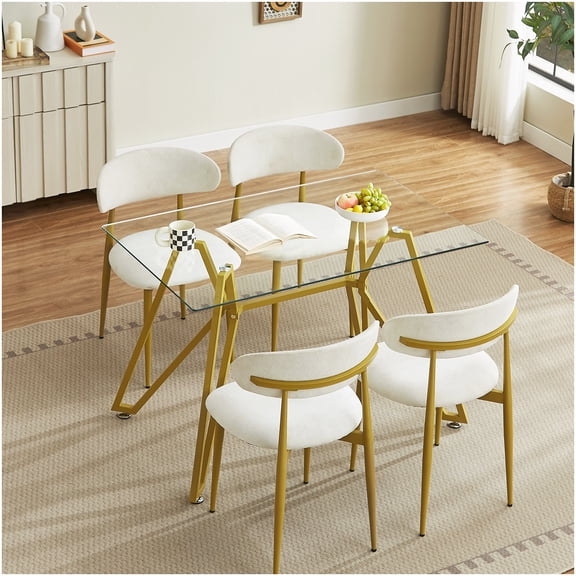 Contemporary 6-Seater Gold Glass Dining Table, Rectangular Tempered Glass Top with Metal Base for Kitchen and Dining Room