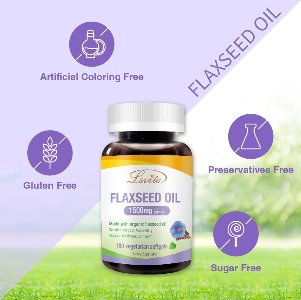 LOVITA 100% Vegan Cold-Pressed Flaxseed Oil: 1500mg with 900mg ALA Omega-3 per Serving. Organic. 180 Softgels.