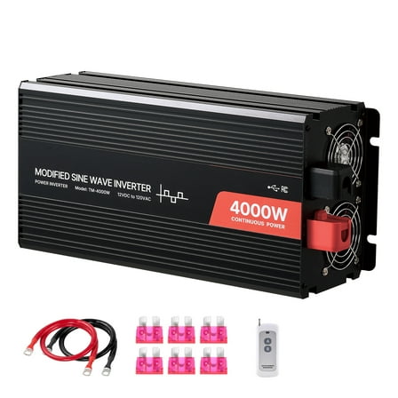 KFFKFF 4000W Power Inverter, 12V DC to 120V AC Modified Sine Wave Converter, Solar Car Charger with LCD Screen, Remote Control, USB Ports, AC Outlets, Type-C Port, Suitable for RVs, Trucks