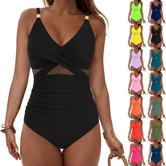 COMVALUE Women One Piece Swimsuits Tummy Control Bathing Suit Mesh V Neck Swim Suits Full Coverage Modest High Cut Swimwear 2026 (Army Green, XL)