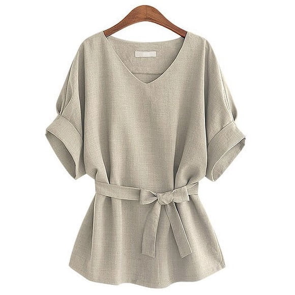 Outfmvch Blouses Paysannes pour Femmes Tuniques en Lin pour Femmes Blouses Coupe Ample Hauts Brodés en Coton et Lin Chemise Brodée à Col en V Manches Courtes Retroussables Kaki m