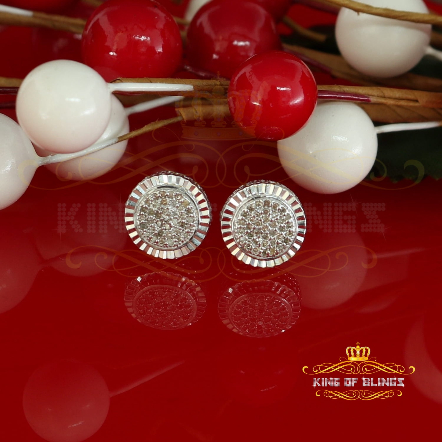 King of Bling's Women's 925 White Sterling Silver 0.15ct Diamond Men's Round-Shape Stud Earrings