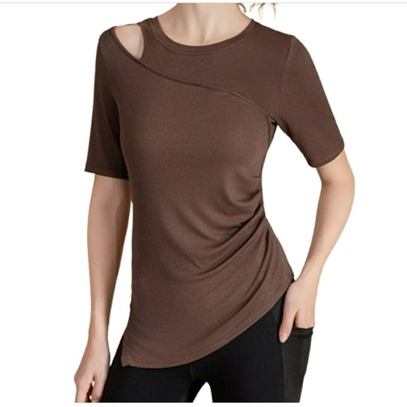 Women's Cotton Blend Tops Slim Fitted Crew Neck Short Sleeve Sports Yoga Shirts Summer Soft Breathable Blouses (XL, Brown)