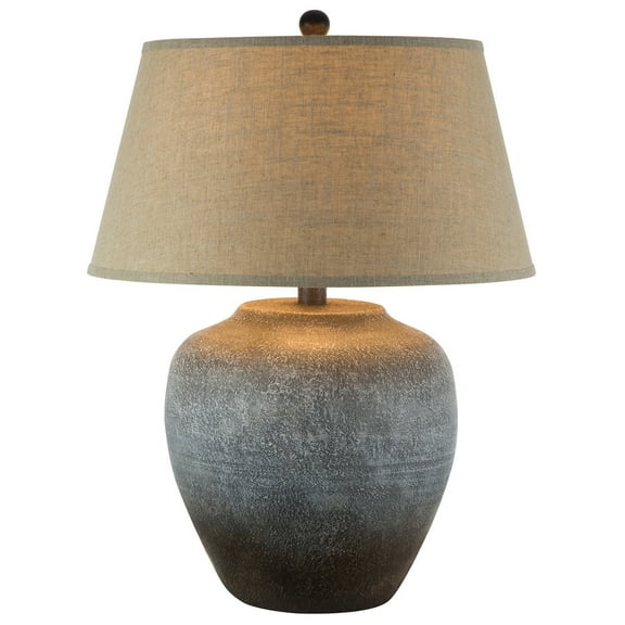 Buen 28 Inch Hydrocal Table Lamp Drum Shade Urn Base Gray Rust Frost- Saltoro Sherpi