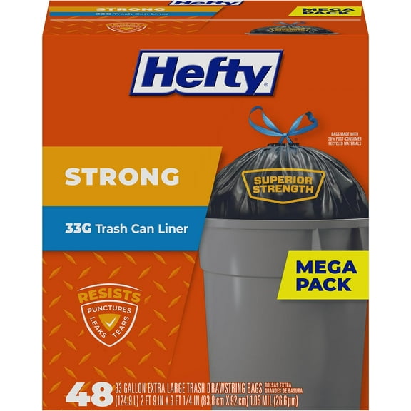 Strong Extra Large Trash Bags, Black, 33 Gallon, 48 Count