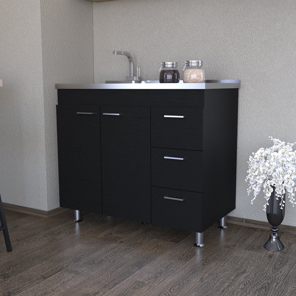 Rainlex 39" Freestanding Utility Sink Cabinet with Stainless Steel Countertop, Double Utility Basins, Soft-Close Storage Doors