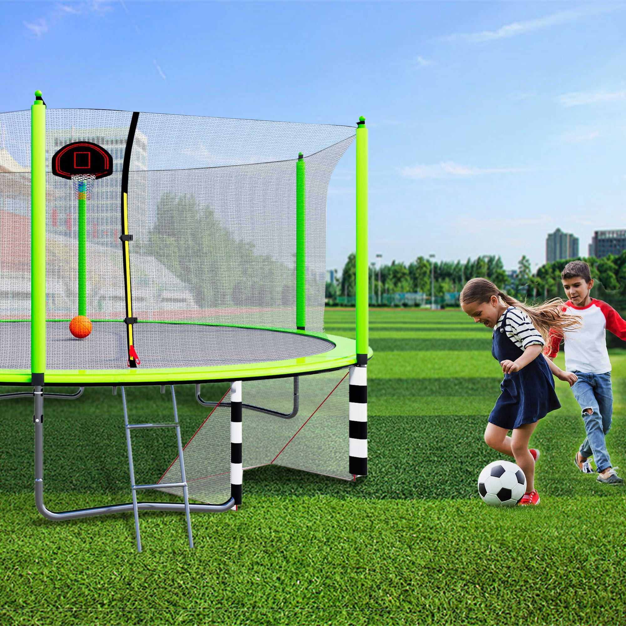 16FT Trampoline with Soccer Goal, SEGMART Recreational Trampoline with Basketball Hoop and Ladder, Heavy Duty Outdoor Backyard Trampoline with Net for Kids and Adults, Green