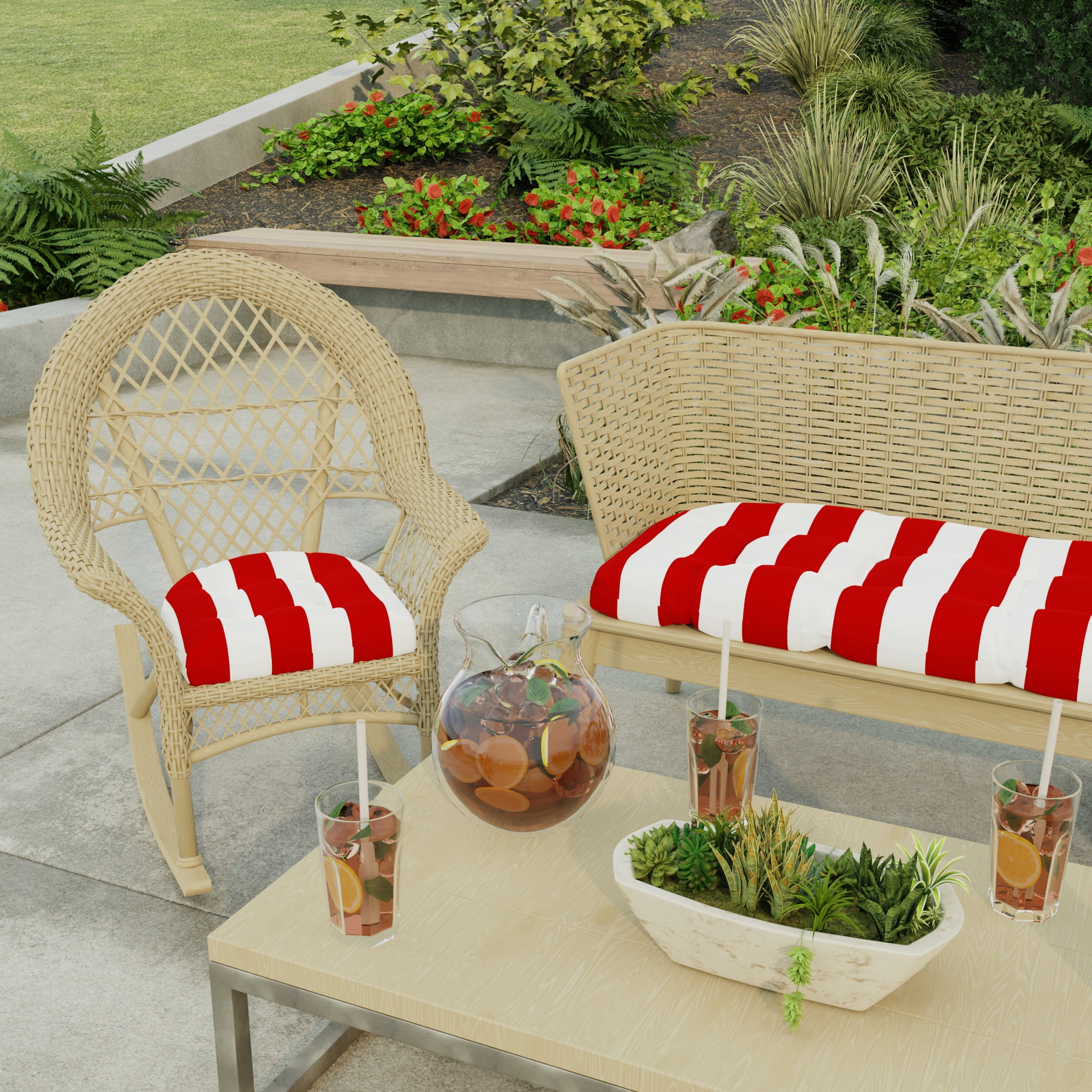 Jordan Manufacturing 18" x 18" Cabana Red Stripe Square Tufted Contoured Outdoor Wicker Seat Cushion (2 Pack)