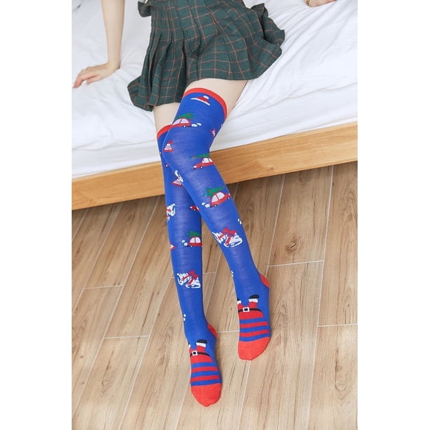 Zhuge 1 par de calcetines navideños para mujer, hasta la rodilla, a rayas, hasta el muslo, por encima de la rodilla, gorro de Papá Noel azul