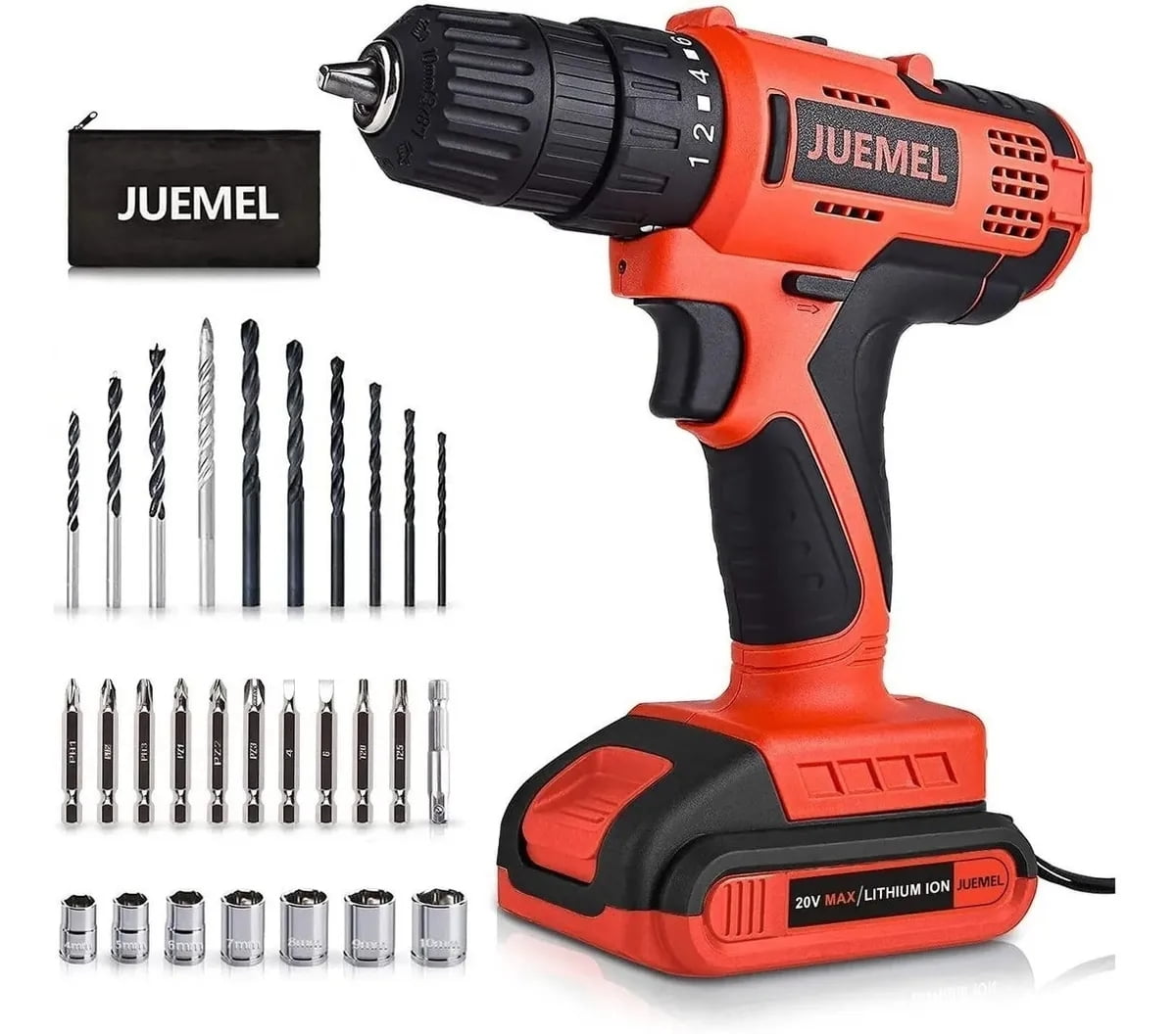 JUEMEL 20V Cordless Drill Driver with 27Pcs Accessories, Electric Power