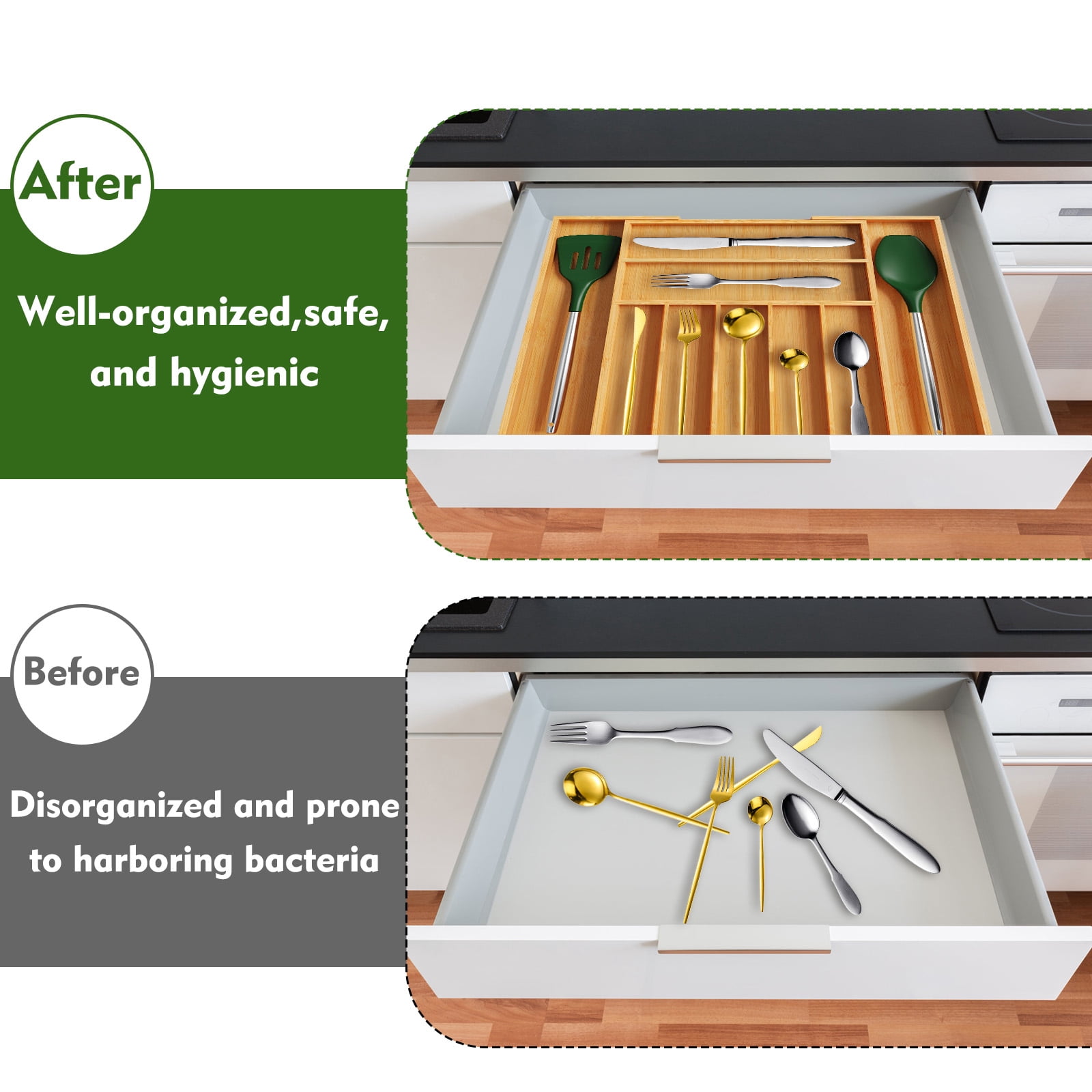 GIRACOA Expandable Bamboo Silverware Drawer Organizer, 9-Compartment Adjustable Utensil Tray, Large Wood Cutlery & Flatware Holder for Kitchen and Home Use